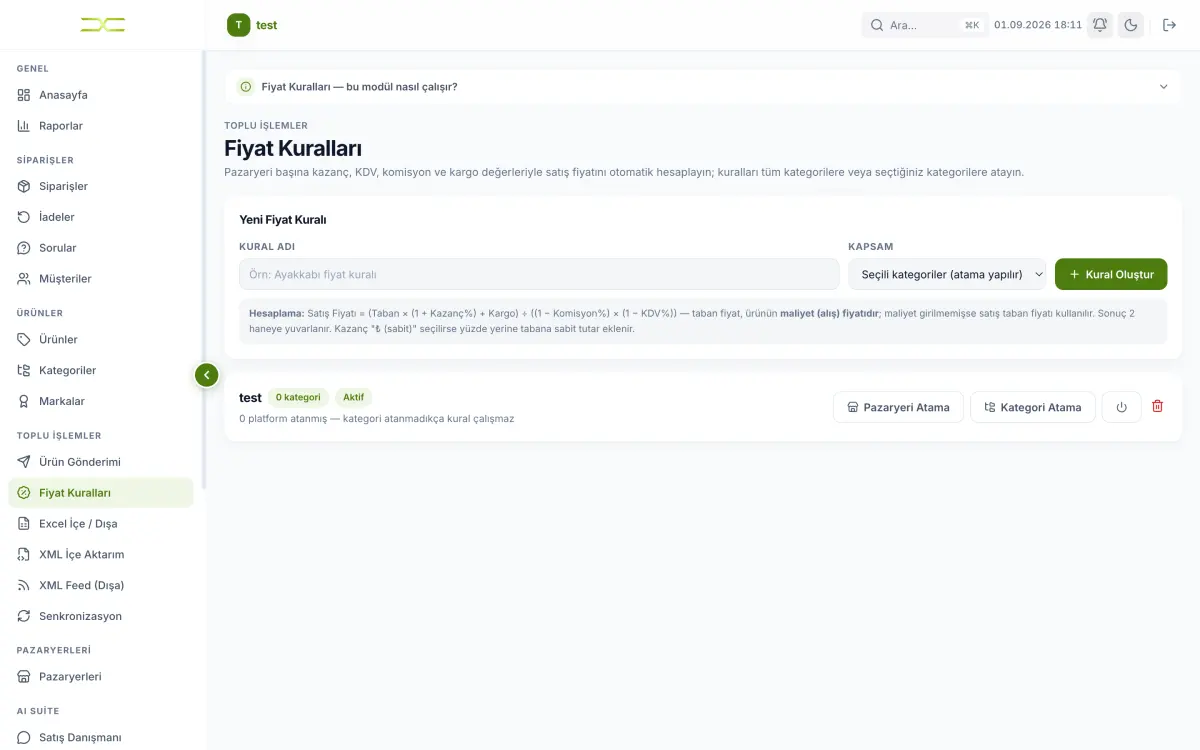 Fiyat kuralları ekranı