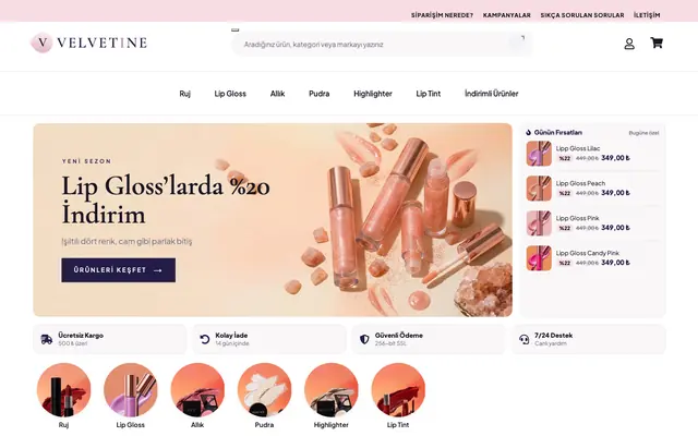 Velvetine teması, kozmetik mağazası anasayfası
